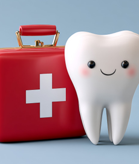 Happy illustrated tooth next to red emergency kit