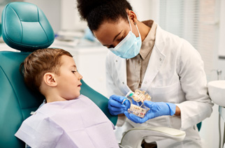 Dentist showing child model of teeth