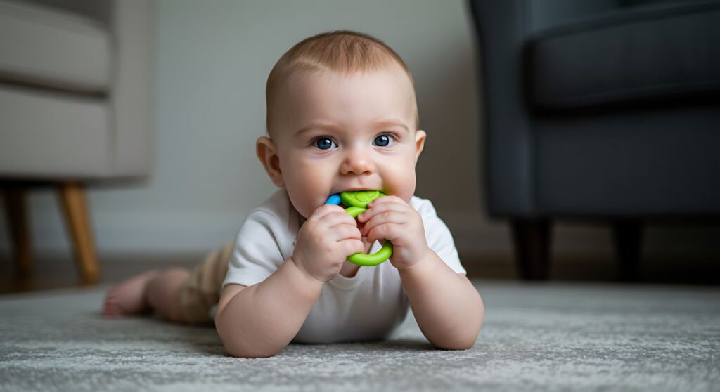 An AI baby chewing on a teething ring