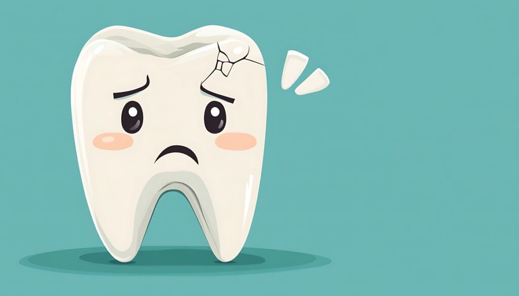 An AI Image of a frowning cartoon tooth with a chip in it